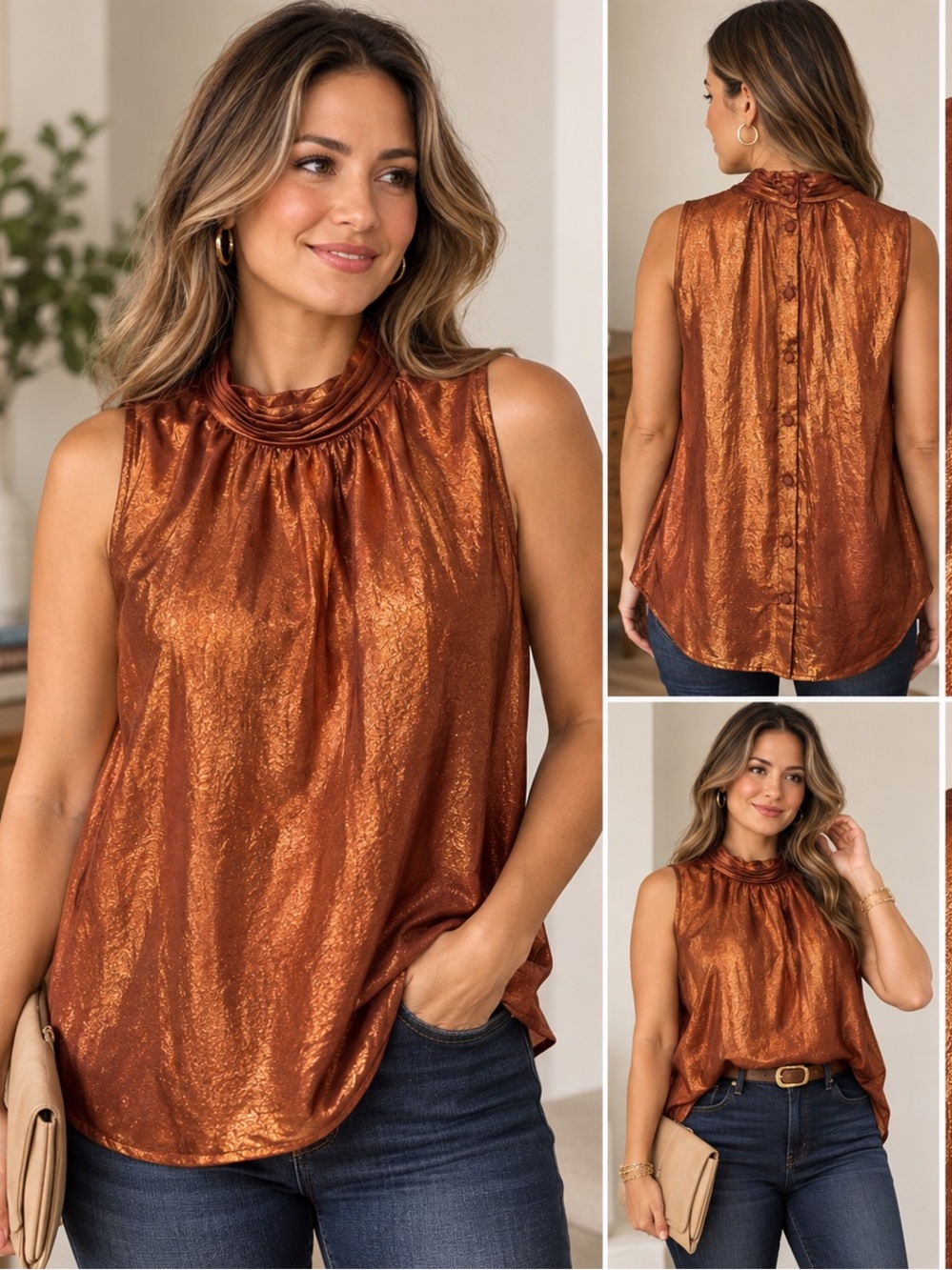 Anthropologie Copper Metallic Sleeveless High-Neck Camisole